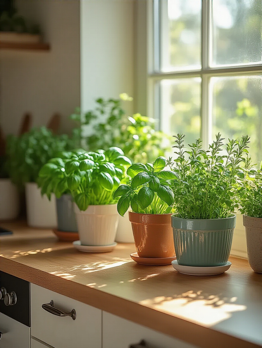 Kitchen countertop with vibrant edible plants in stylish pots