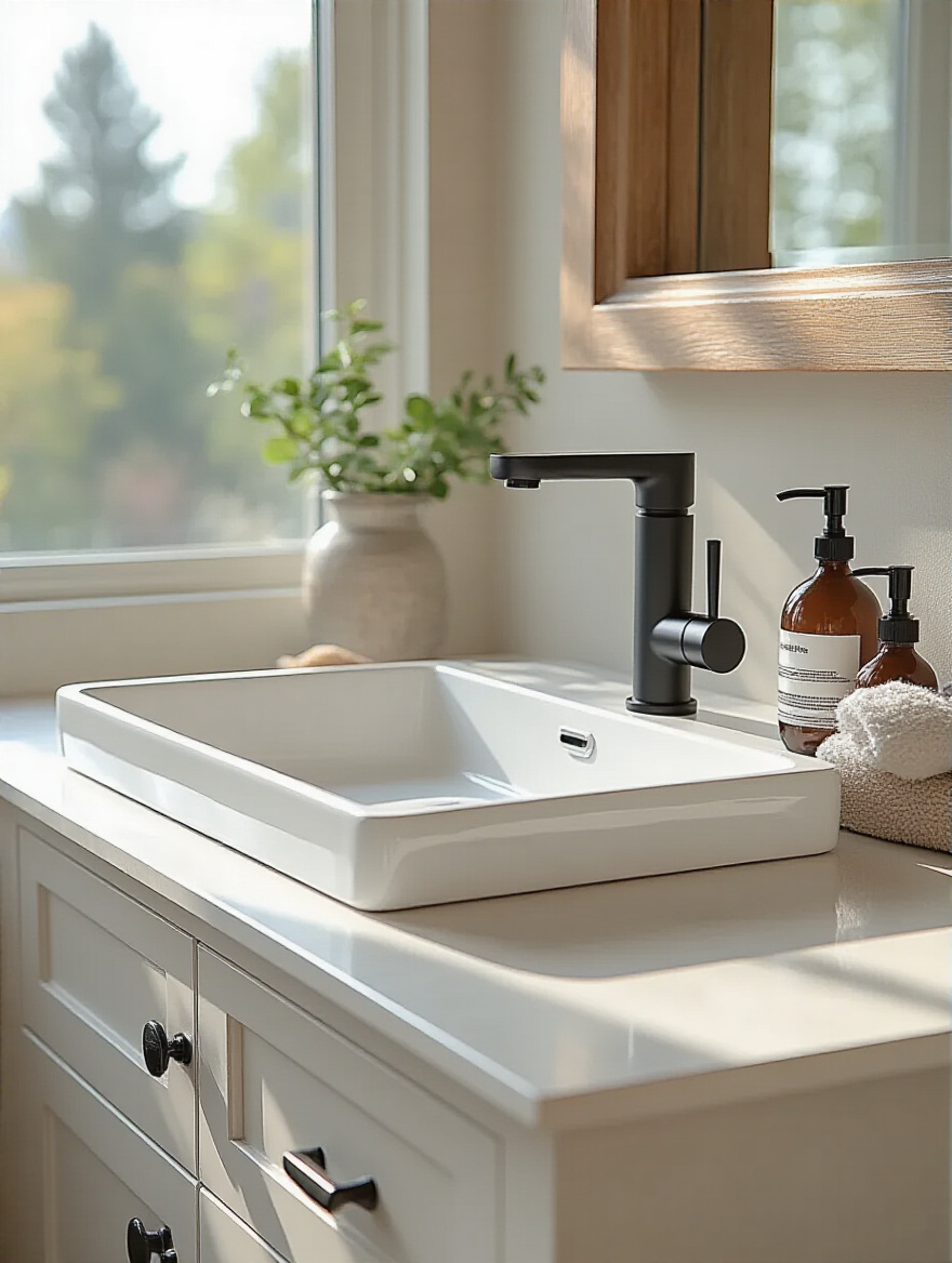 Modern bathroom vanity with white rectangular undermount sink and matte black single-handle faucet showcasing harmonious style and finish