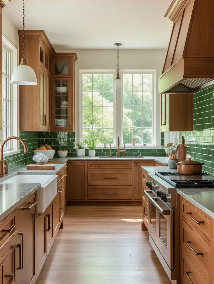 A harmonious kitchen design showcasing warm wood cabinetry and green subway tiles