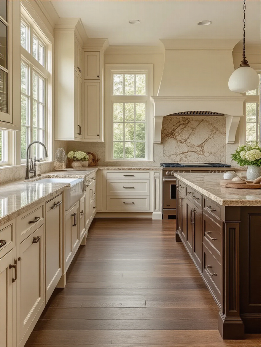 A cohesive kitchen design featuring harmonious paint colors with cabinets and flooring.
