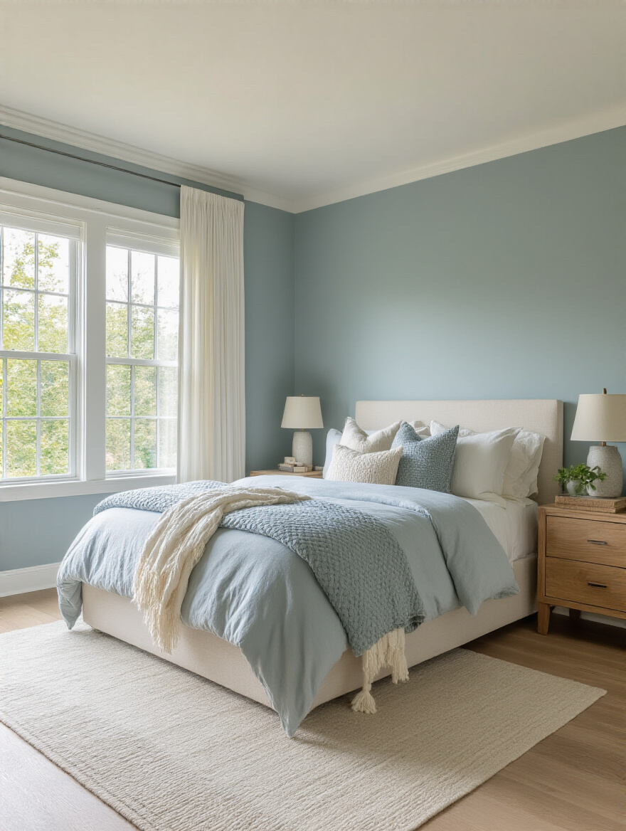 Cozy bedroom interior with calming blue and green walls, white trim, natural wood furniture, and layered blue and cream bedding in soft natural light