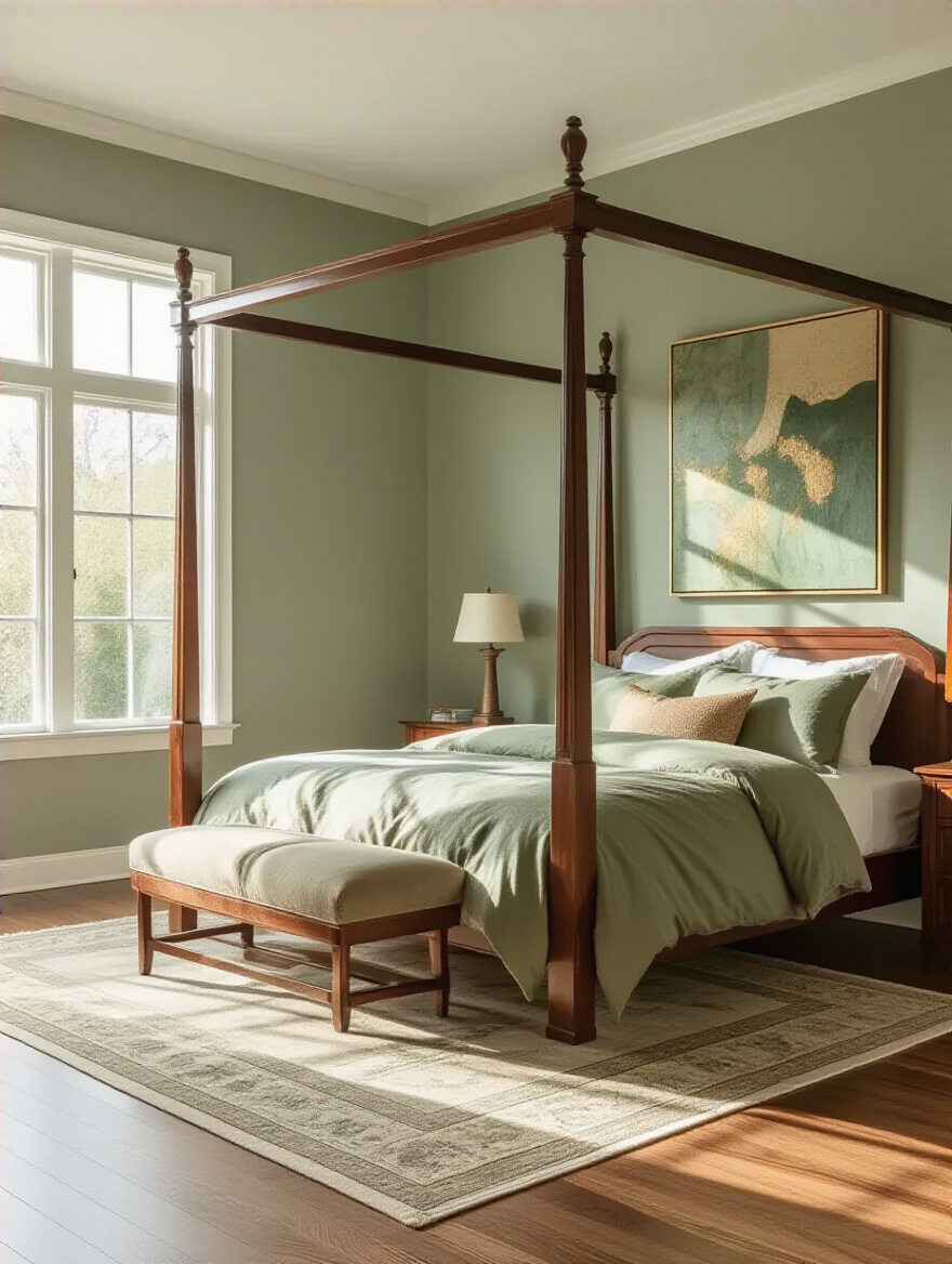 Bedroom interior with sage green walls harmonizing with cherry wood furniture, abstract art, and warm wood flooring