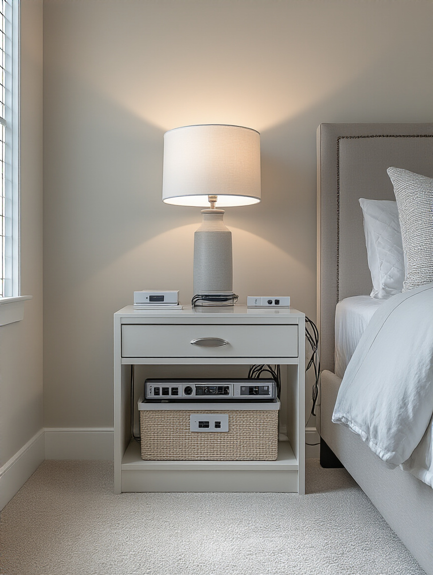 Portrait image of a master bedroom nightstand with neatly hidden cables using cable management solutions and a decorative cable box