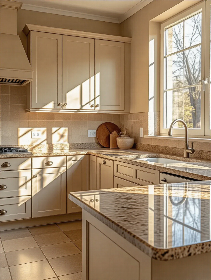 Modern kitchen with warm undertones showcasing cabinetry and granite countertops.