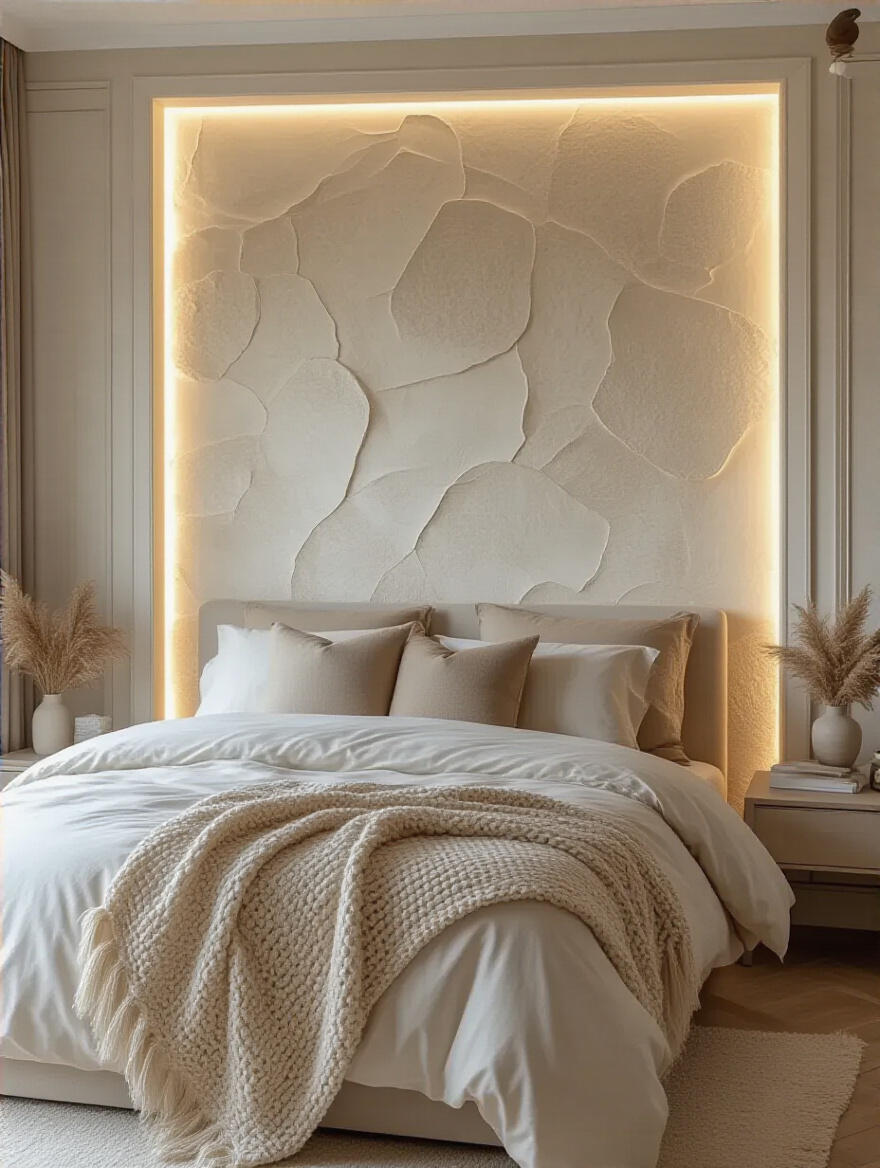 Elegant bedroom with a focal wall behind the bed featuring textured wallpaper.