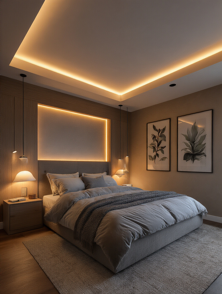 Master bedroom with layered lighting featuring ambient ceiling lights, bedside lamps, and accent LED strips creating a warm and inviting atmosphere