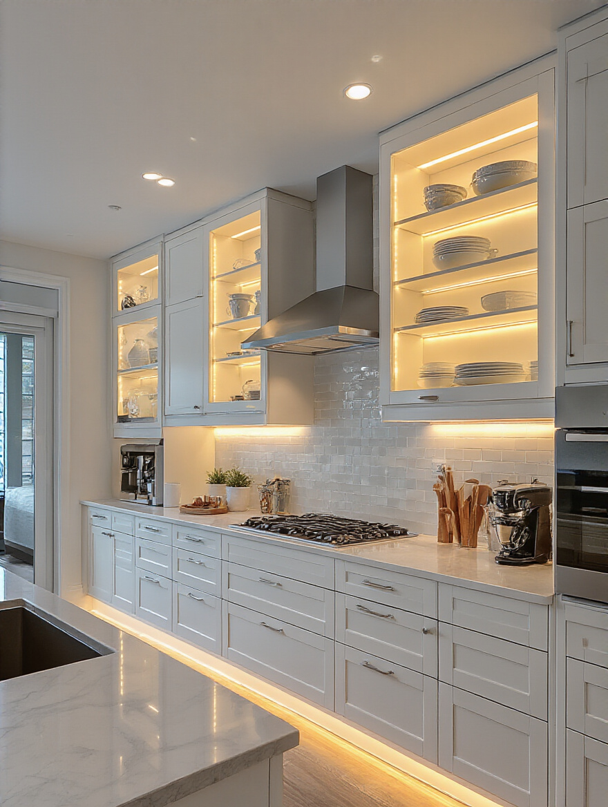 Modern kitchen with layered lighting design showcasing ambient, task, and accent illumination.