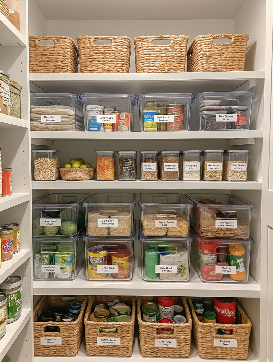 Well-organized kitchen pantry using FIFO system with clear labeled bins and rotated food items