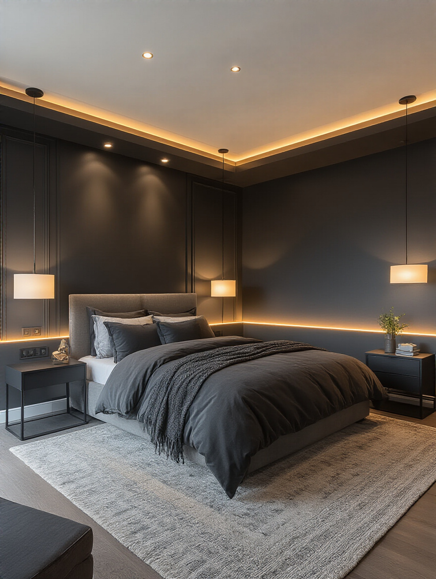 Black bedroom with layered ambient, task, and accent lighting creating a dynamic and sophisticated mood