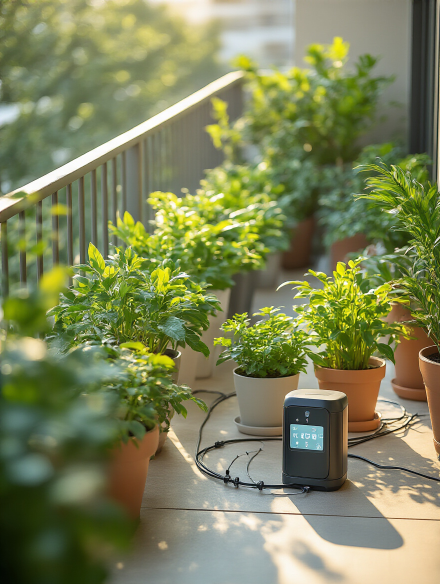 Modern balcony with smart watering system drip irrigation tubes and lush plants in pots, no people