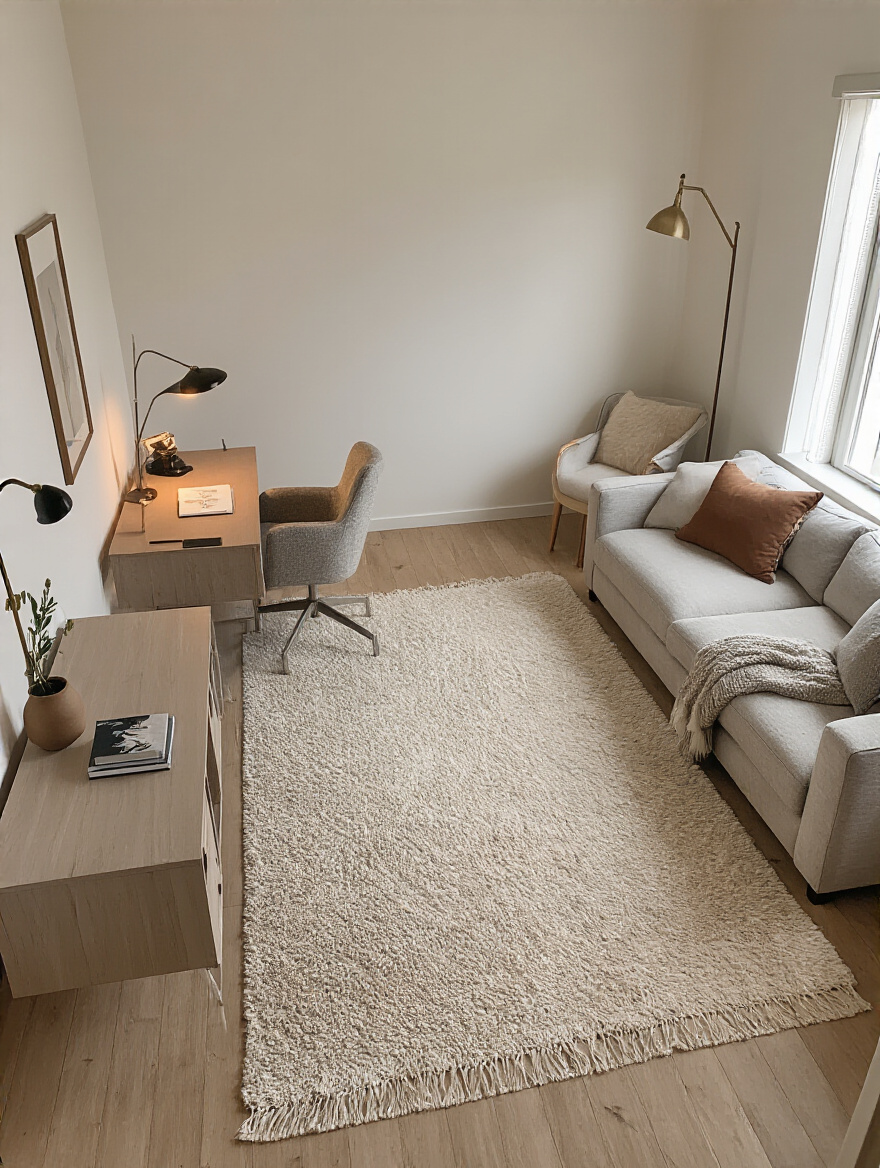 A minimalist living room showcasing strategic zone planning with defined areas for relaxation, work, and reading.