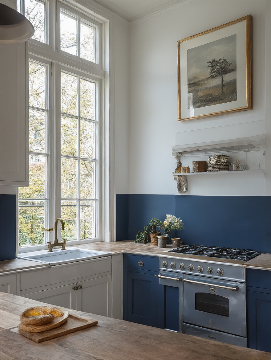 Kitchen with two-tone walls featuring navy blue and white paint colors