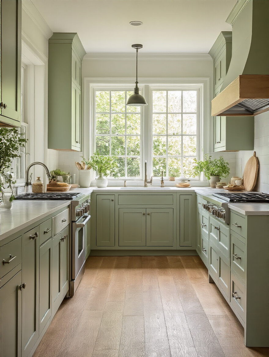Cohesive kitchen color palette with sage green cabinets, off-white walls, and warm wood flooring.