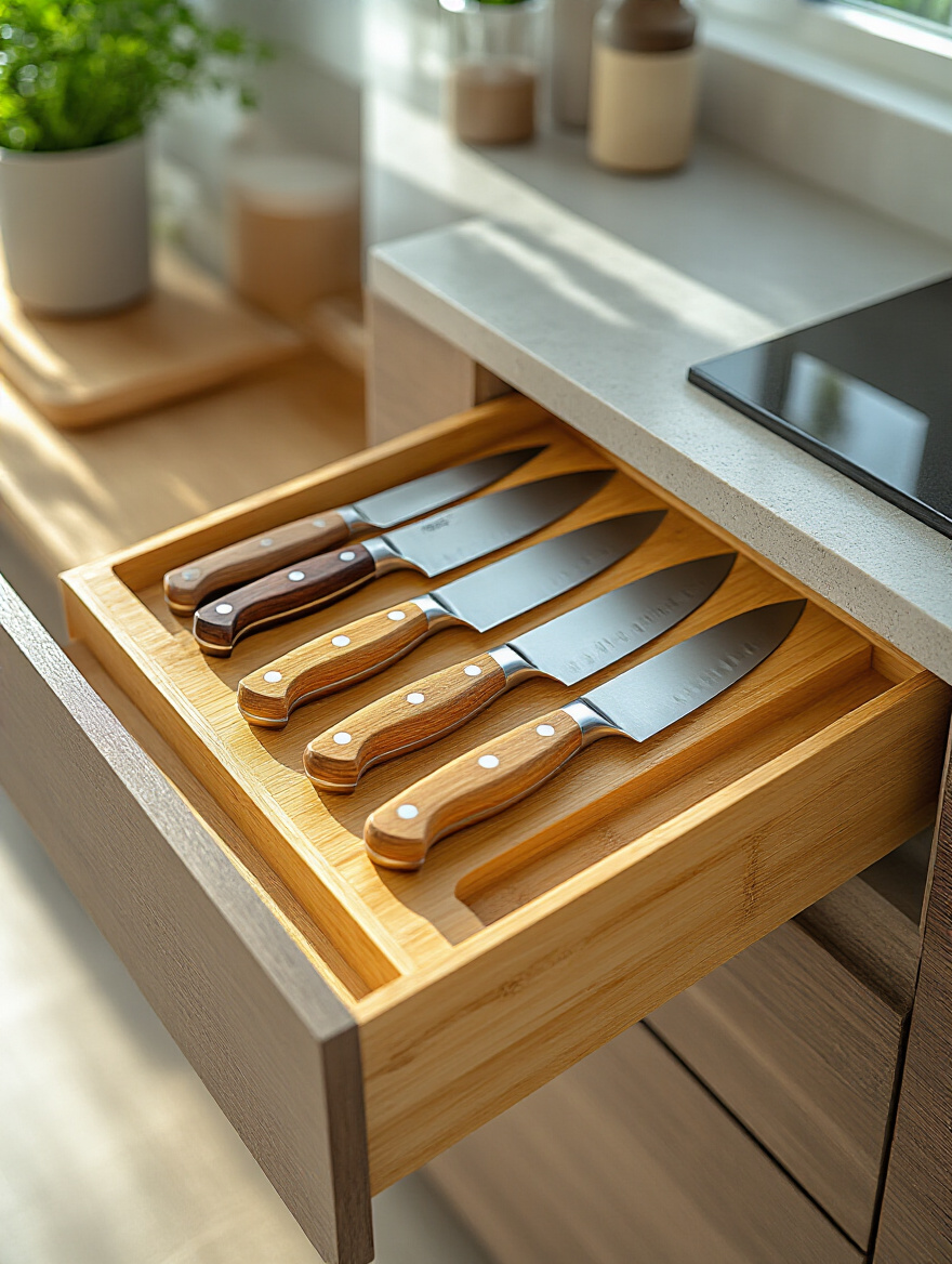 Open kitchen drawer showing a bamboo in-drawer knife block securely holding various knives protecting blades