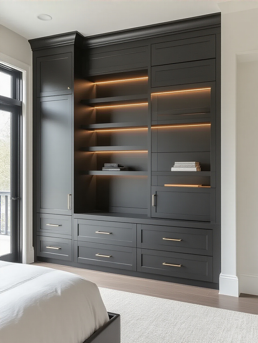 Black bedroom featuring bespoke millwork with custom cabinetry and integrated shelving, showcasing seamless design and warm accent lighting