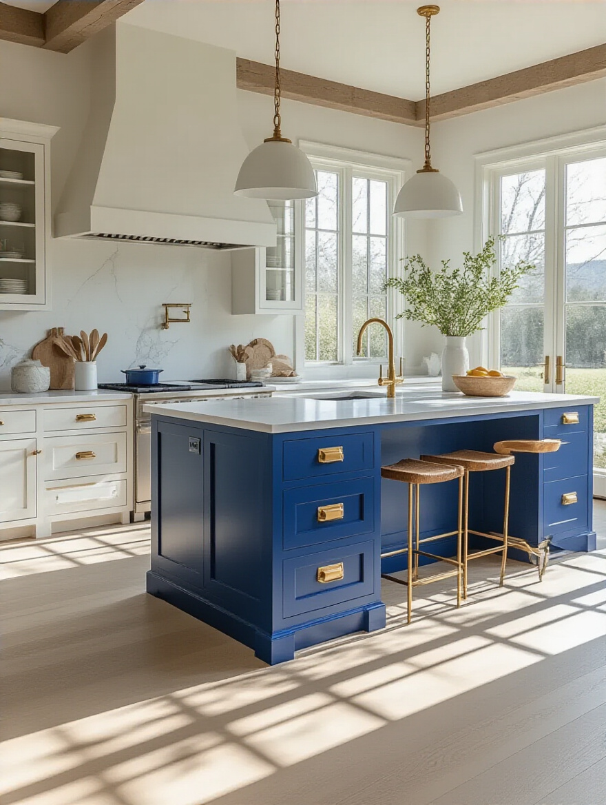 Kitchen with cobalt blue island as bold accent color