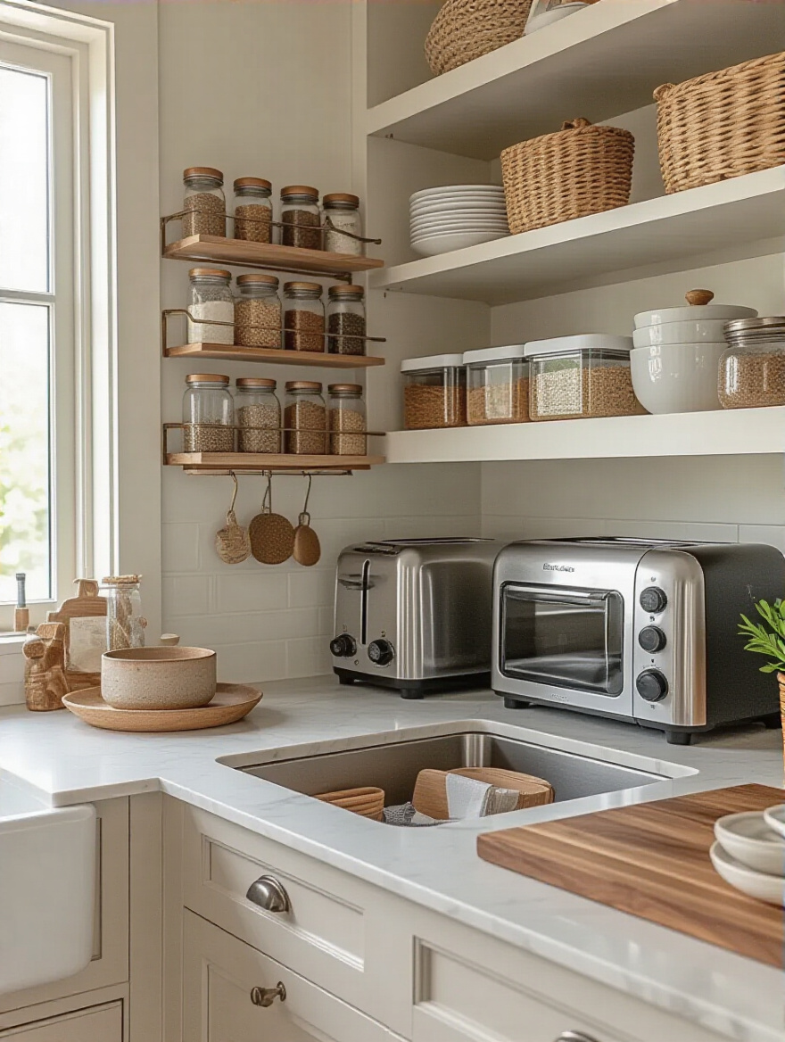 Organized kitchen countertop with clever storage solutions including spice racks and appliance garage.