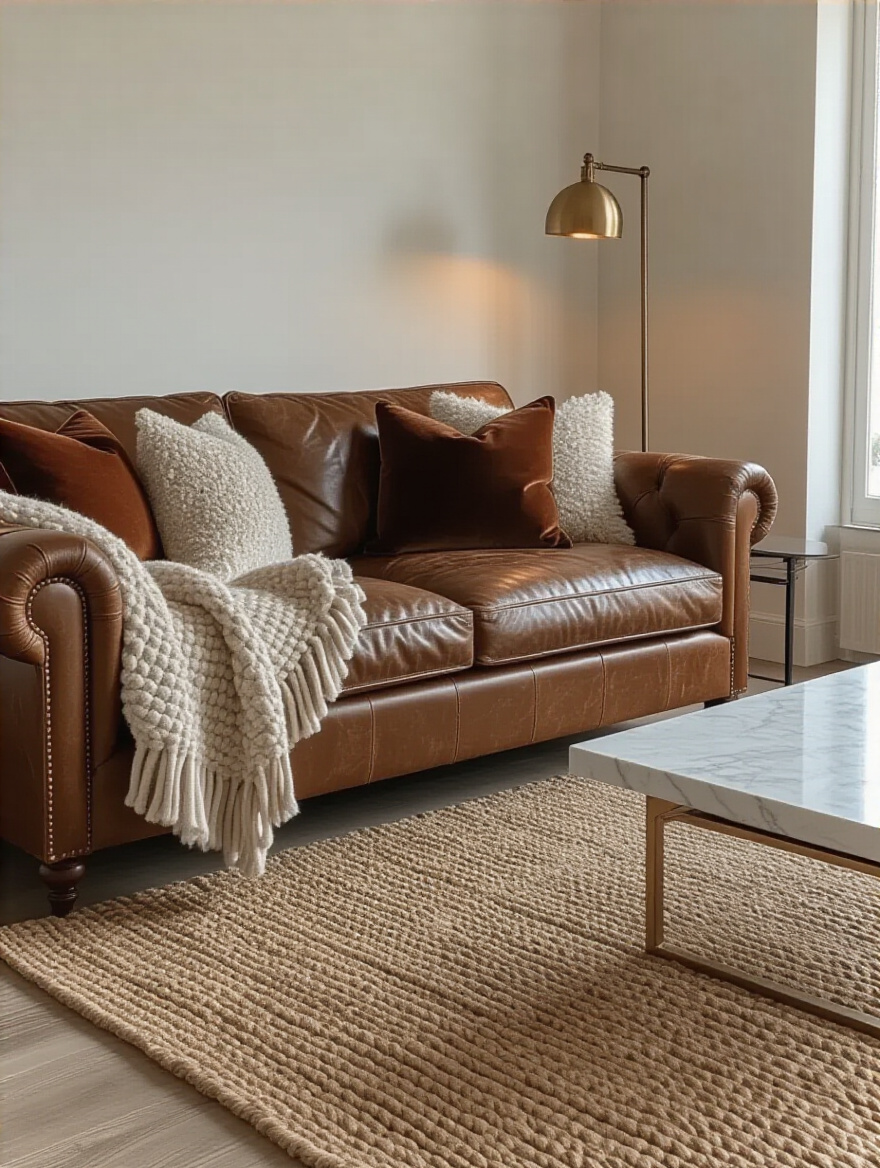 Cozy living room corner with diverse textures including leather sofa, velvet cushions, chunky knit throw, jute rug, and marble coffee table under warm lighting