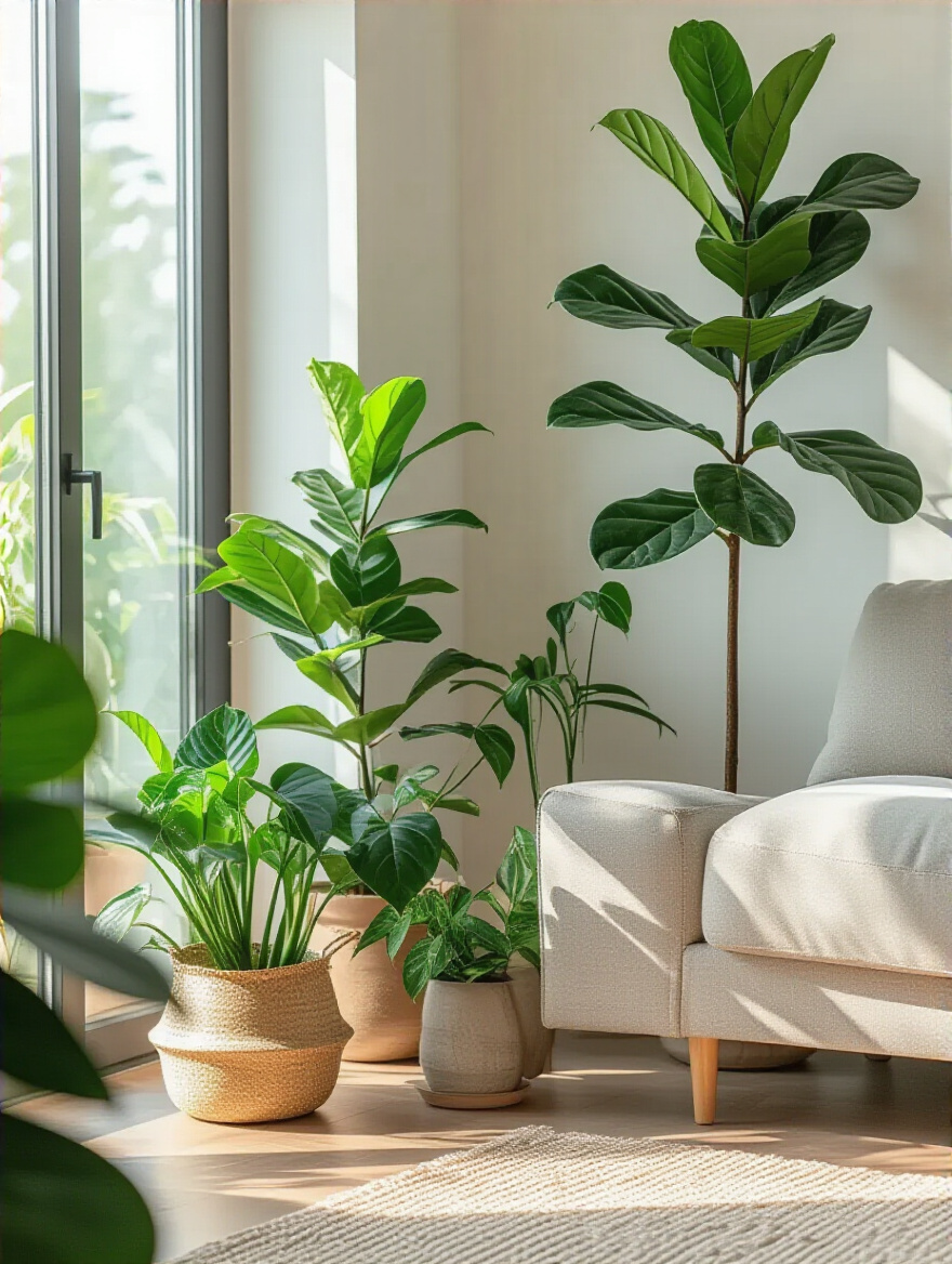 Living room corner with tall Fiddle Leaf Fig plant and stylish ceramic pots showcasing greenery for freshness and vitality