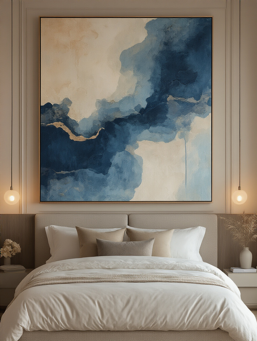 A serene bedroom with a large-scale abstract art piece above the bed, showcasing a calming color palette.