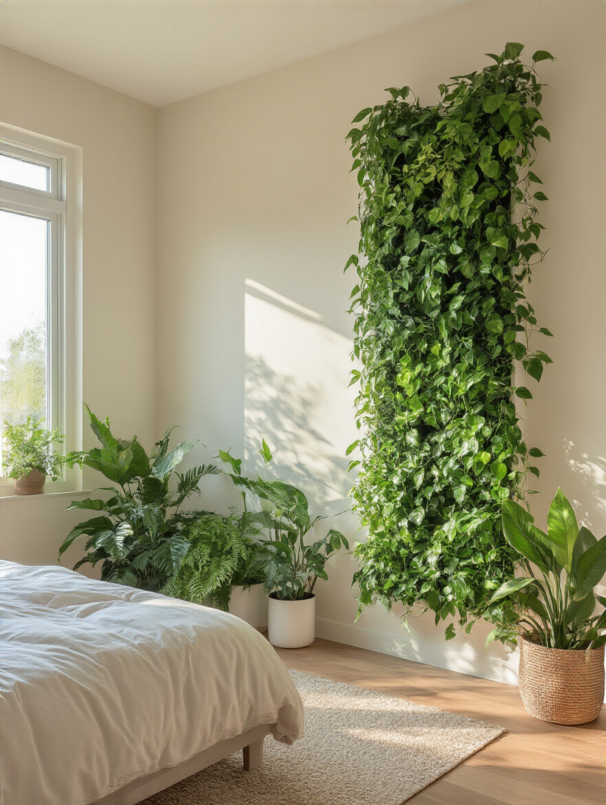 A vertical planter wall in a bedroom filled with green plants, creating a peaceful and vibrant atmosphere.