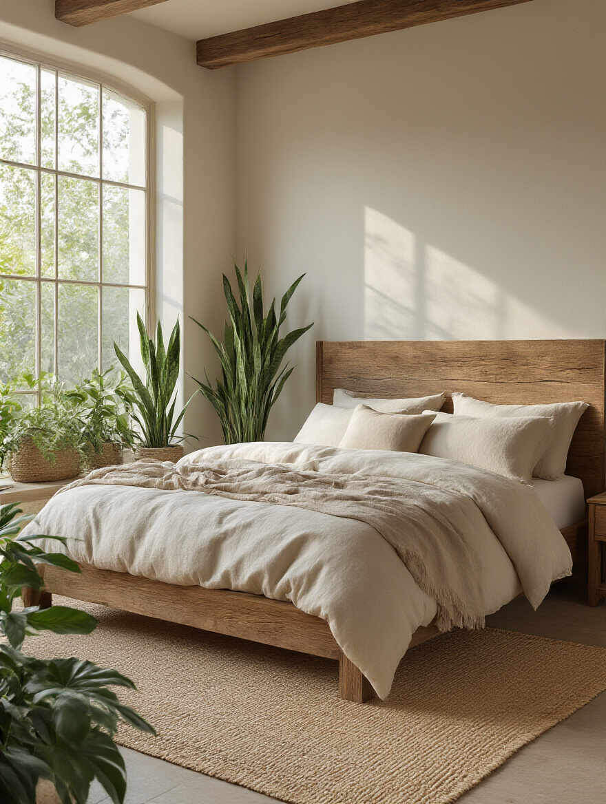 Serene master bedroom with natural wood furniture, indoor plants, and natural light creating a peaceful and calming atmosphere