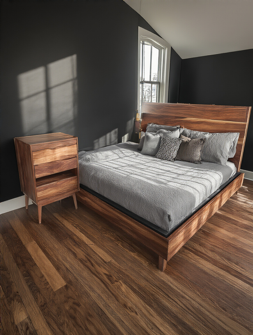 Black bedroom with rich walnut wood furniture and warm hardwood flooring under soft natural light