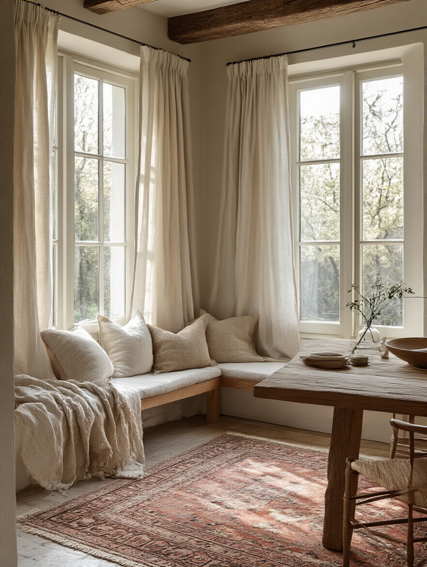 A cozy kitchen with textiles and soft furnishings, including a patterned rug and soft curtains.