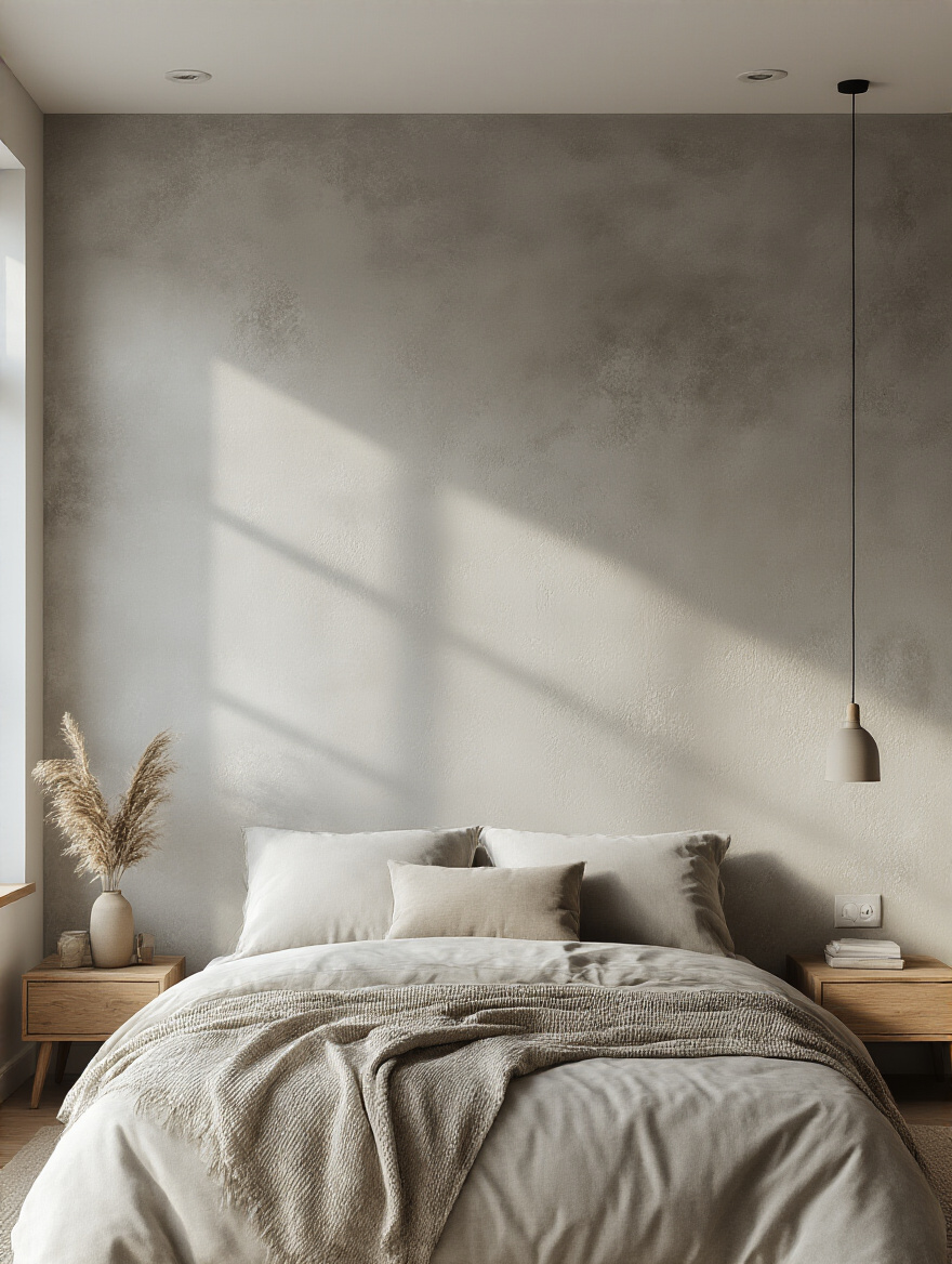 Bedroom interior with a textured paint finish accent wall showing subtle sophistication in muted gray limewash under natural and ambient lighting