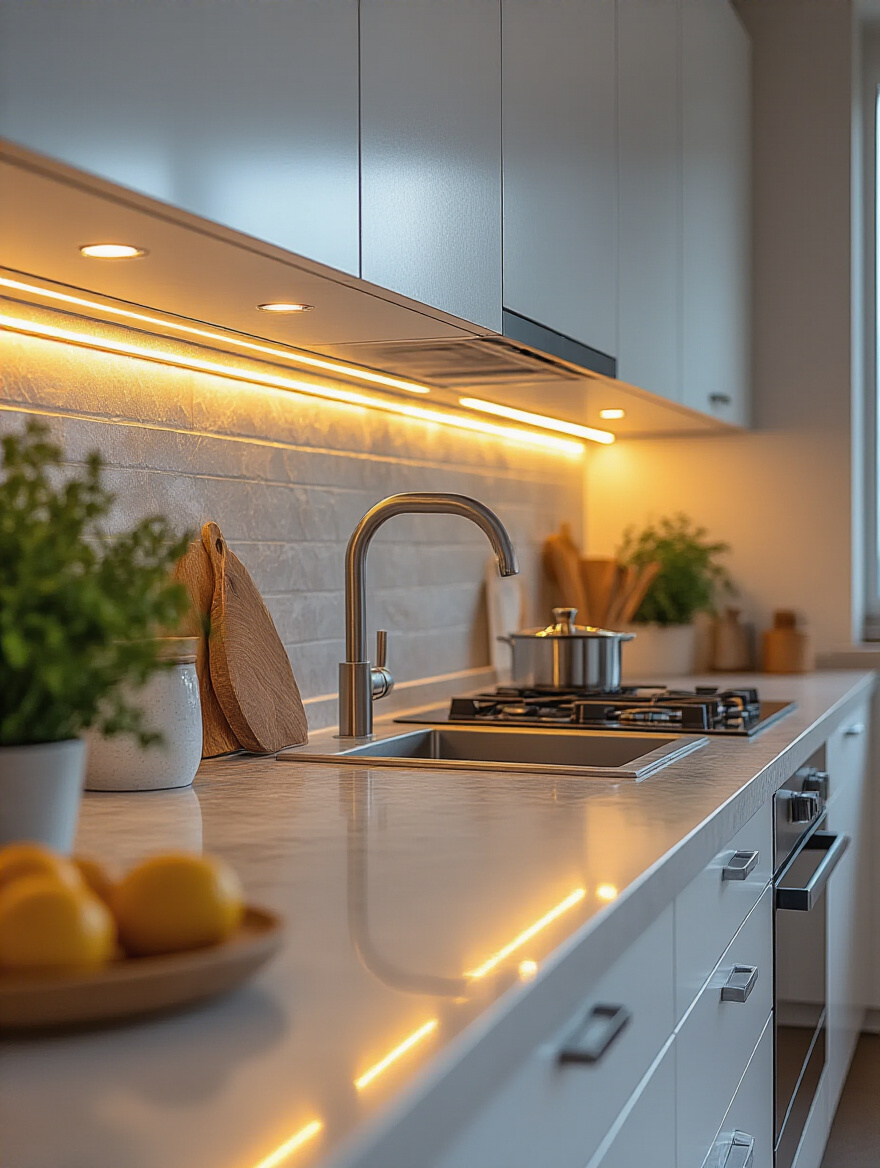 A modern kitchen with under-cabinet lighting illuminating the countertops for a high-end ambiance.