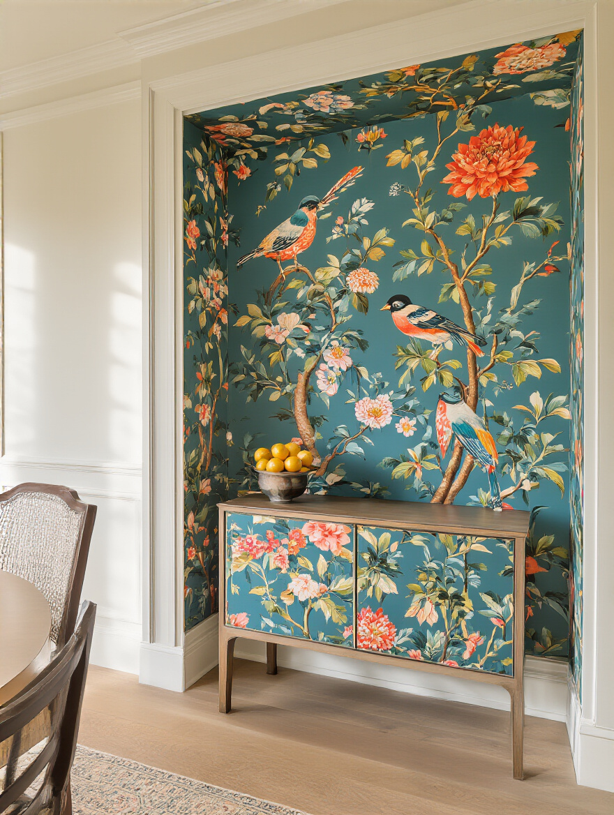 Dining room niche wallpapered with vibrant chinoiserie pattern creating a bold accent wall behind a buffet