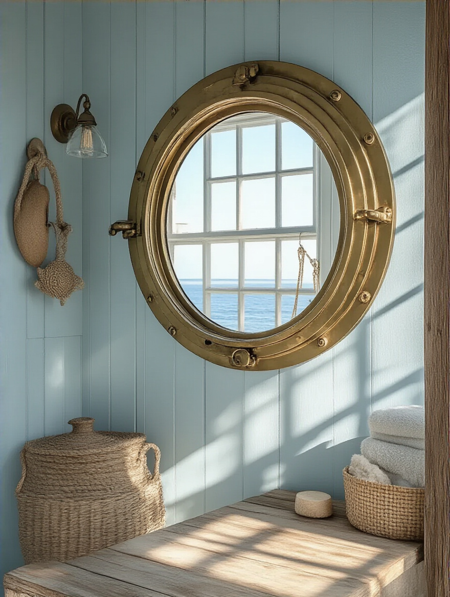 Coastal bathroom featuring upcycled maritime objects like a brass porthole mirror.