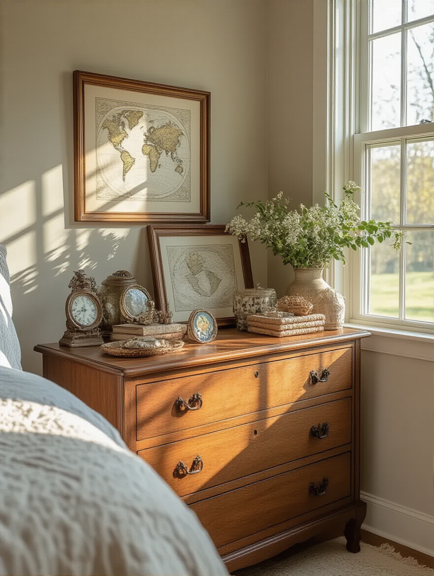 Master bedroom corner with curated personal souvenirs and cherished objects displayed on a wooden dresser under soft natural light