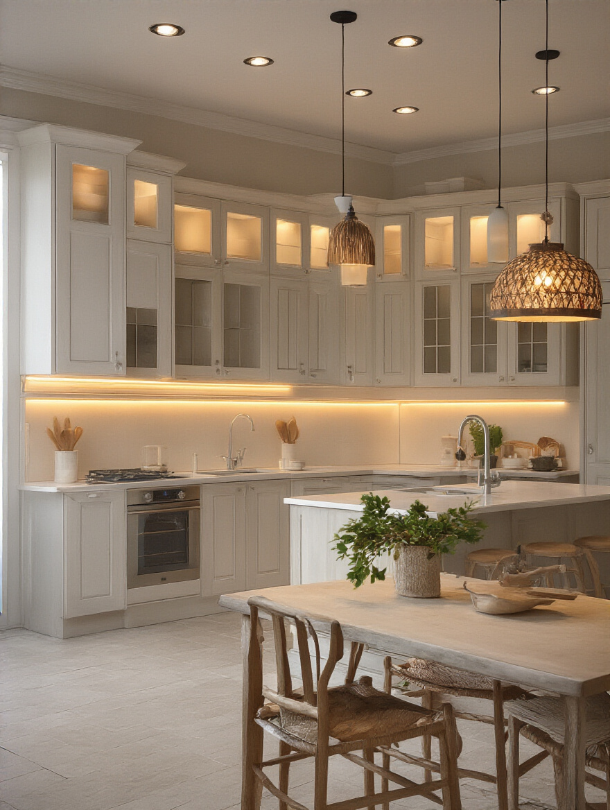 A well-lit kitchen showcasing layered lighting techniques with ambient, task, and accent lights.