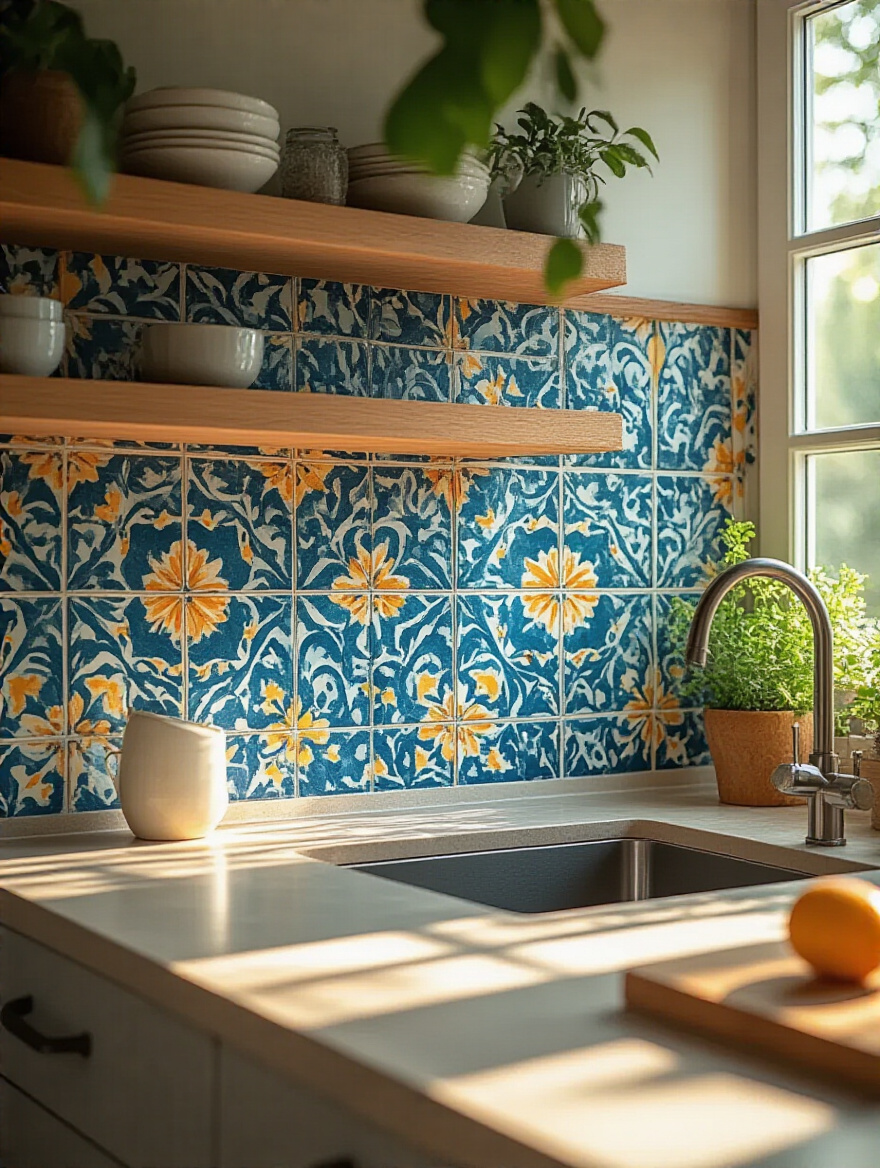 Vibrant peel-and-stick backsplash in a modern kitchen with natural sunlight