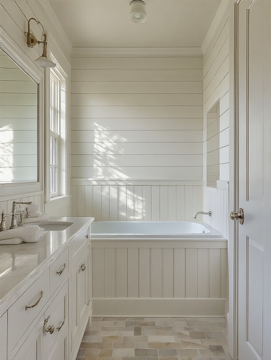Coastal bathroom with shiplap and beadboard wall treatments, showcasing a serene and charming ambiance.