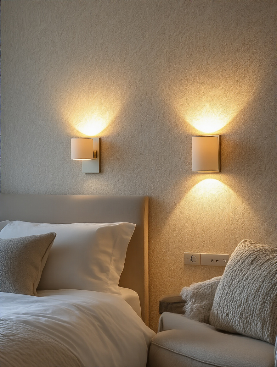 Elegant bedroom featuring ambient wall-mounted lighting with soft illumination