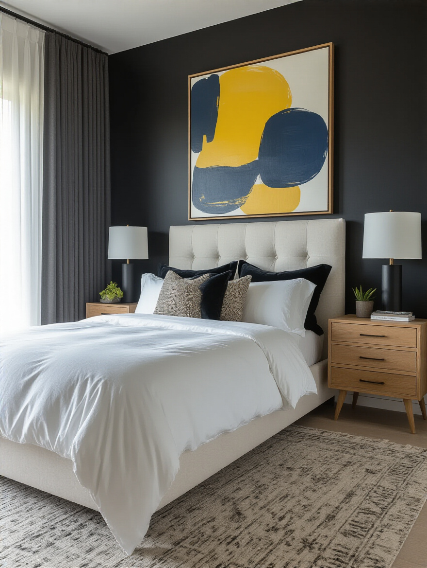 Black bedroom with matte black walls, white upholstered headboard, natural oak bedside tables, and colorful abstract artwork showcasing balanced contrasting tones