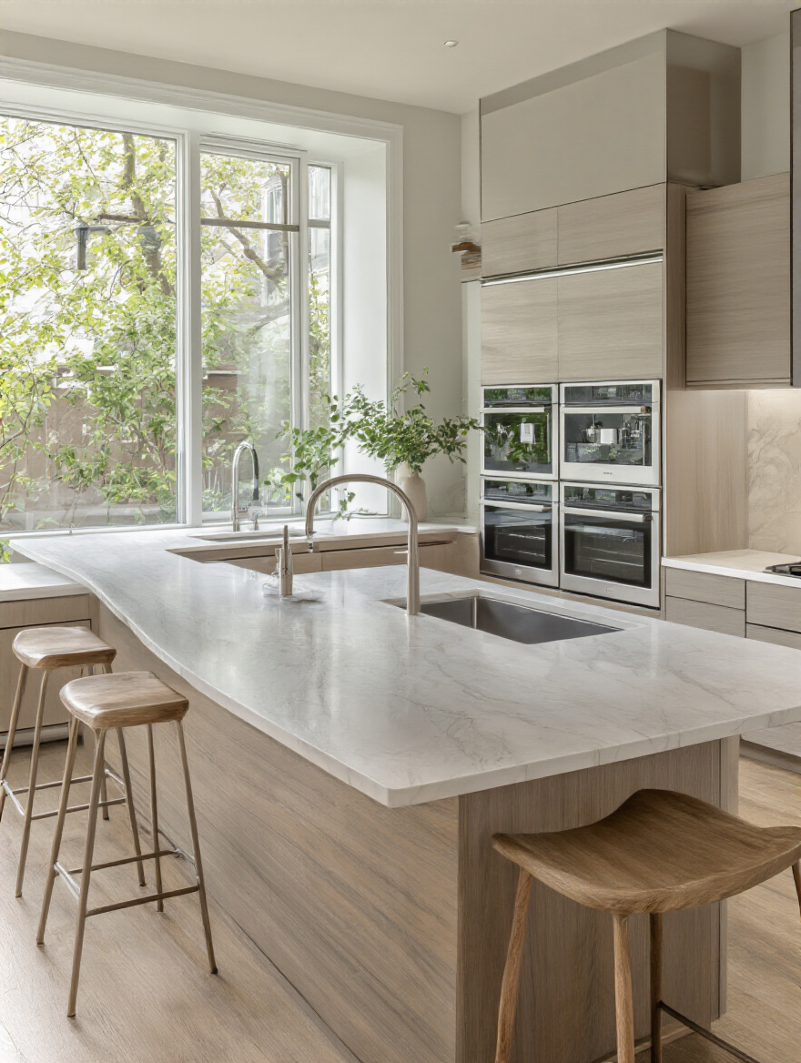 Modern kitchen with multifunctional island featuring integrated appliances and seating.
