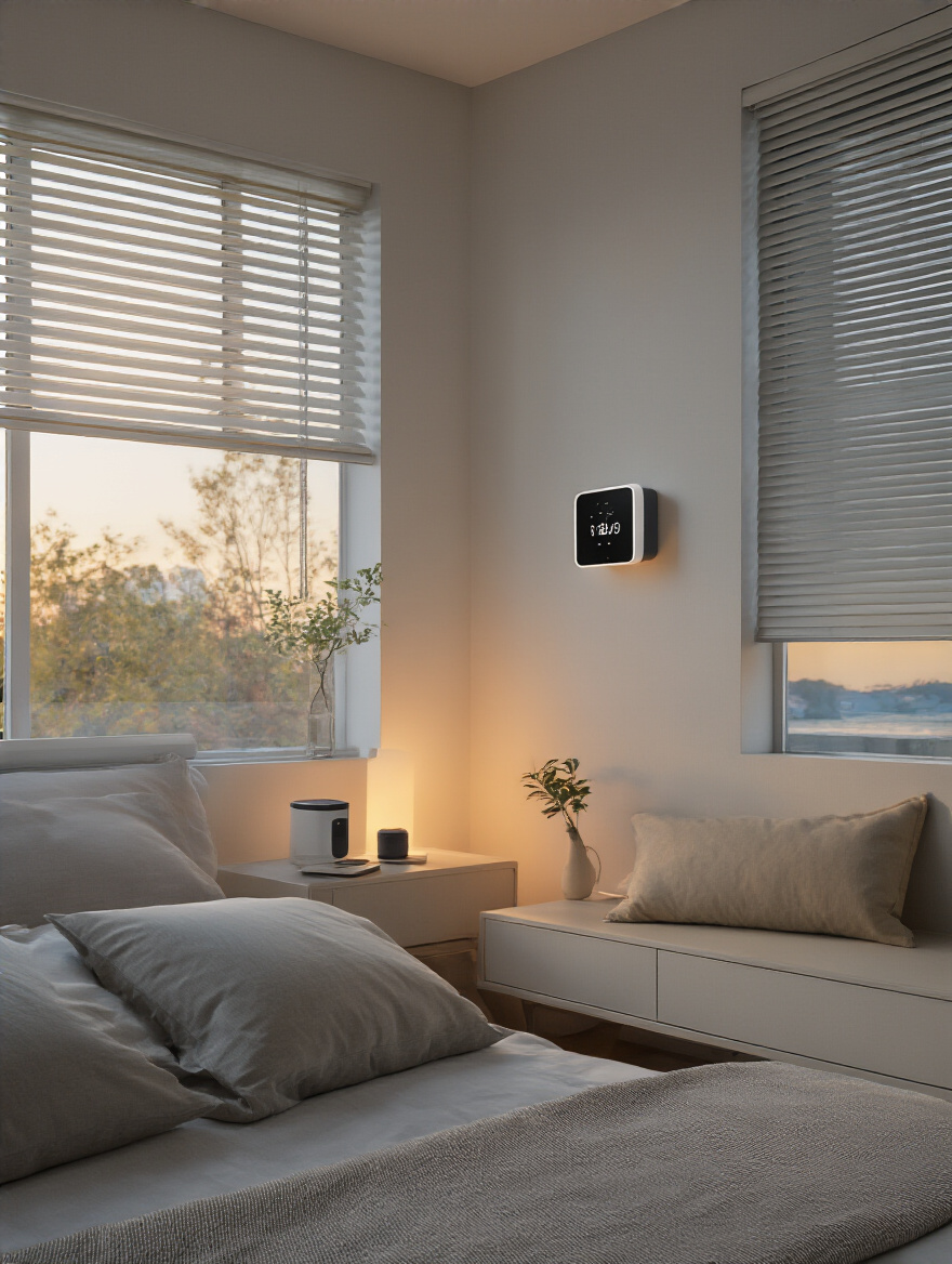 Modern bedroom with integrated smart home technology including smart lighting, thermostat, and automated blinds