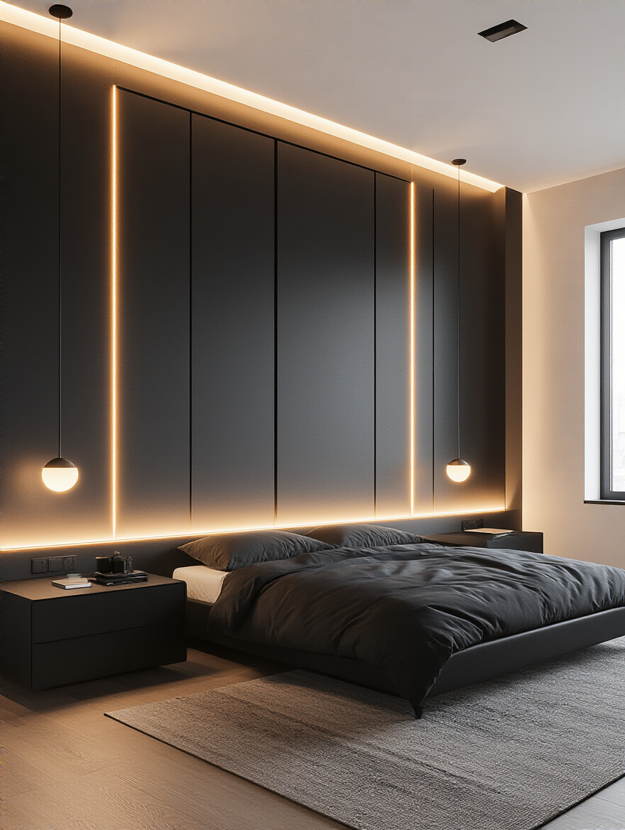 Black bedroom with integrated smart lighting controls showcasing layered dynamic lighting and modern design