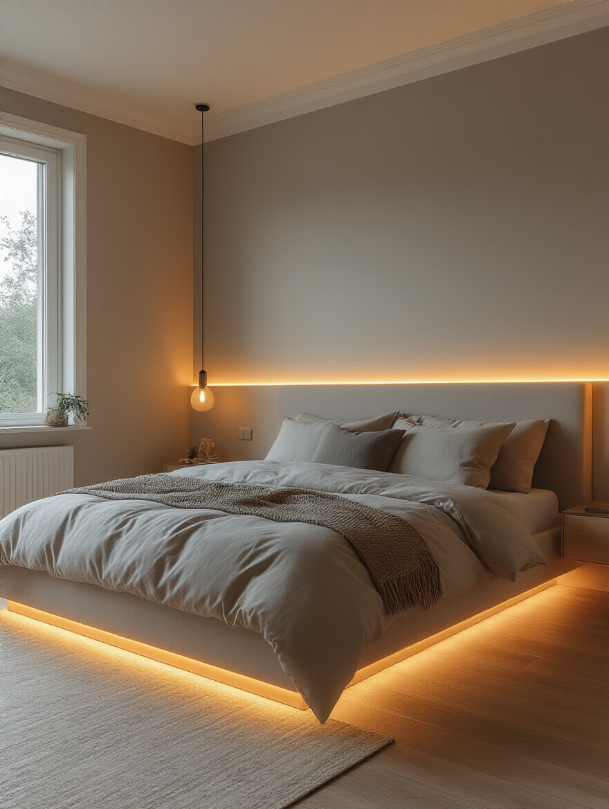 Modern bedroom with neutral greige walls enhanced by warm smart LED strip lighting creating a cozy atmosphere after dark
