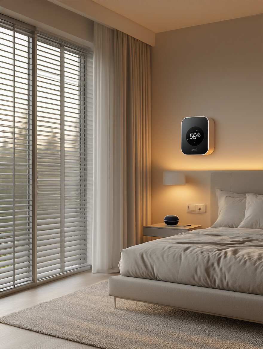 Modern master bedroom with integrated smart thermostat, automated blinds, and smart speaker showcasing effortless bedroom control