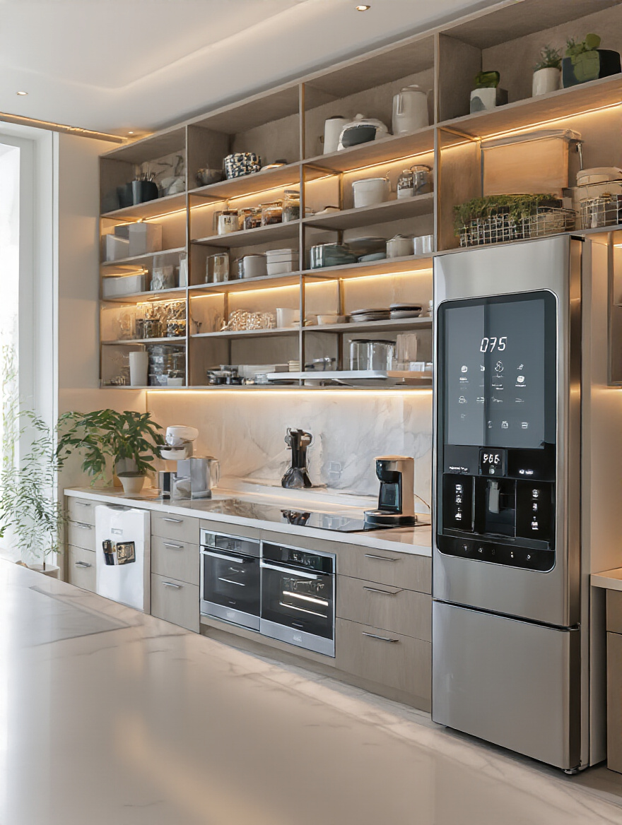 Modern kitchen with smart technology appliances and warm lighting.