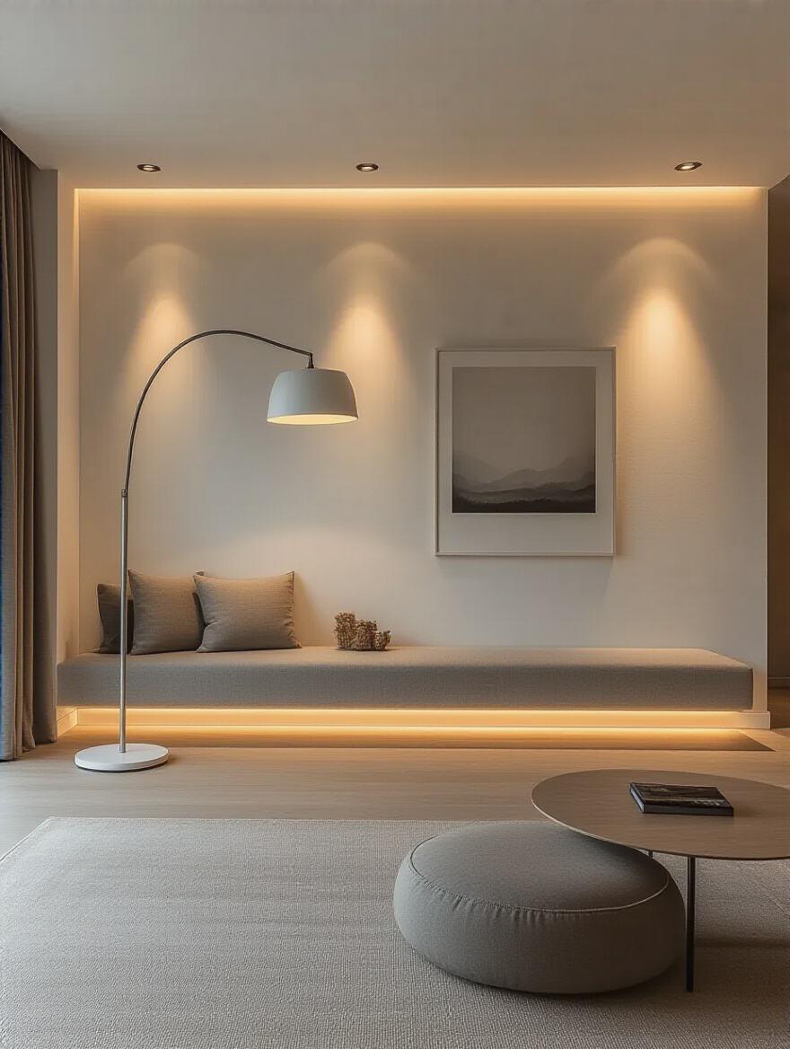 Minimalist living room with varied lighting sources creating an inviting ambiance