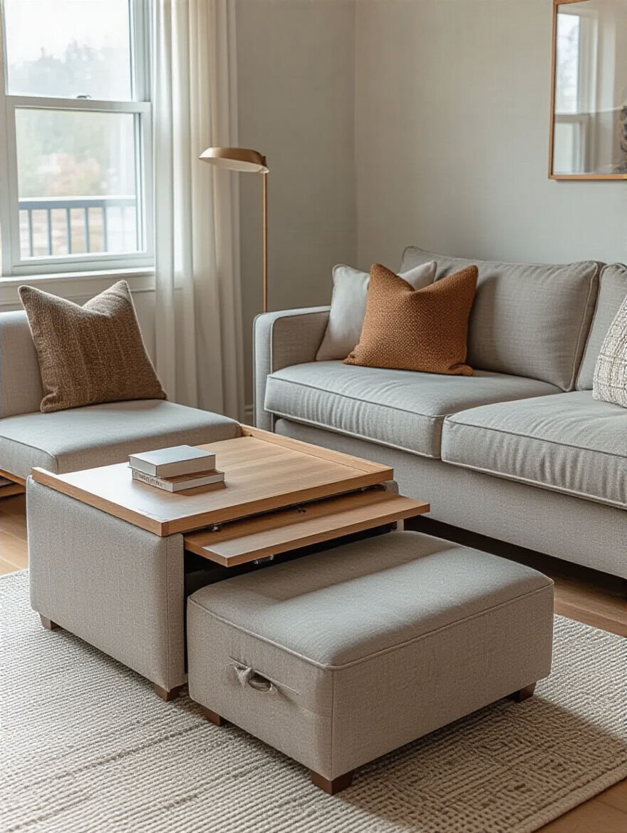 Small modern living room with multi-functional furniture including sofa bed, convertible coffee table, and storage ottoman