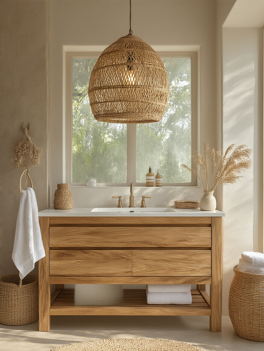 A coastal bathroom featuring a natural wood vanity and rattan pendant light, showcasing organic warmth.