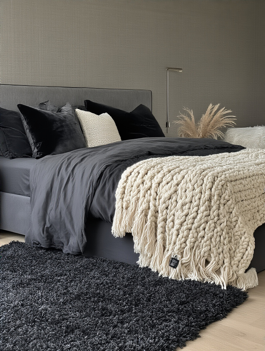 Luxurious black bedroom featuring diverse textures including velvet bedding, grasscloth wallpaper, and a chunky knit throw blanket