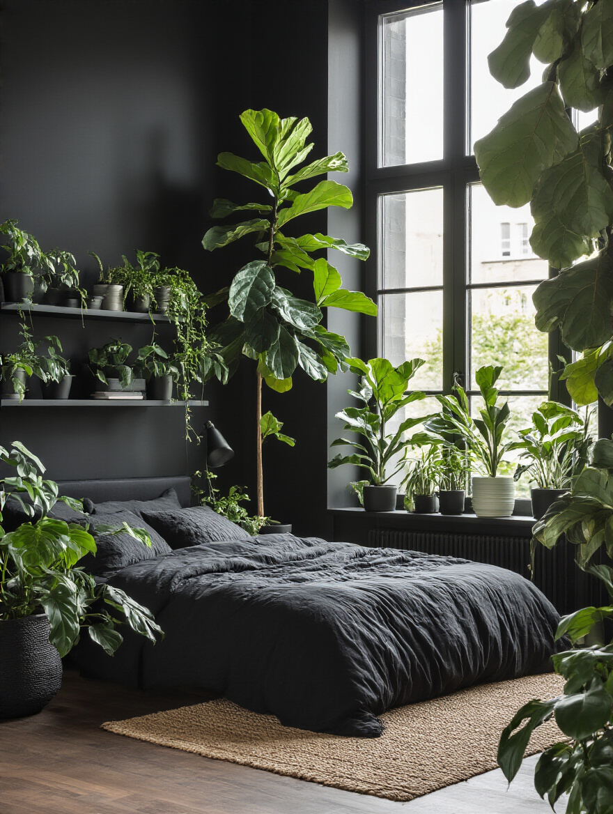 Black bedroom with lush green plants adding organic vibrancy and contrast against matte black walls in a sophisticated interior