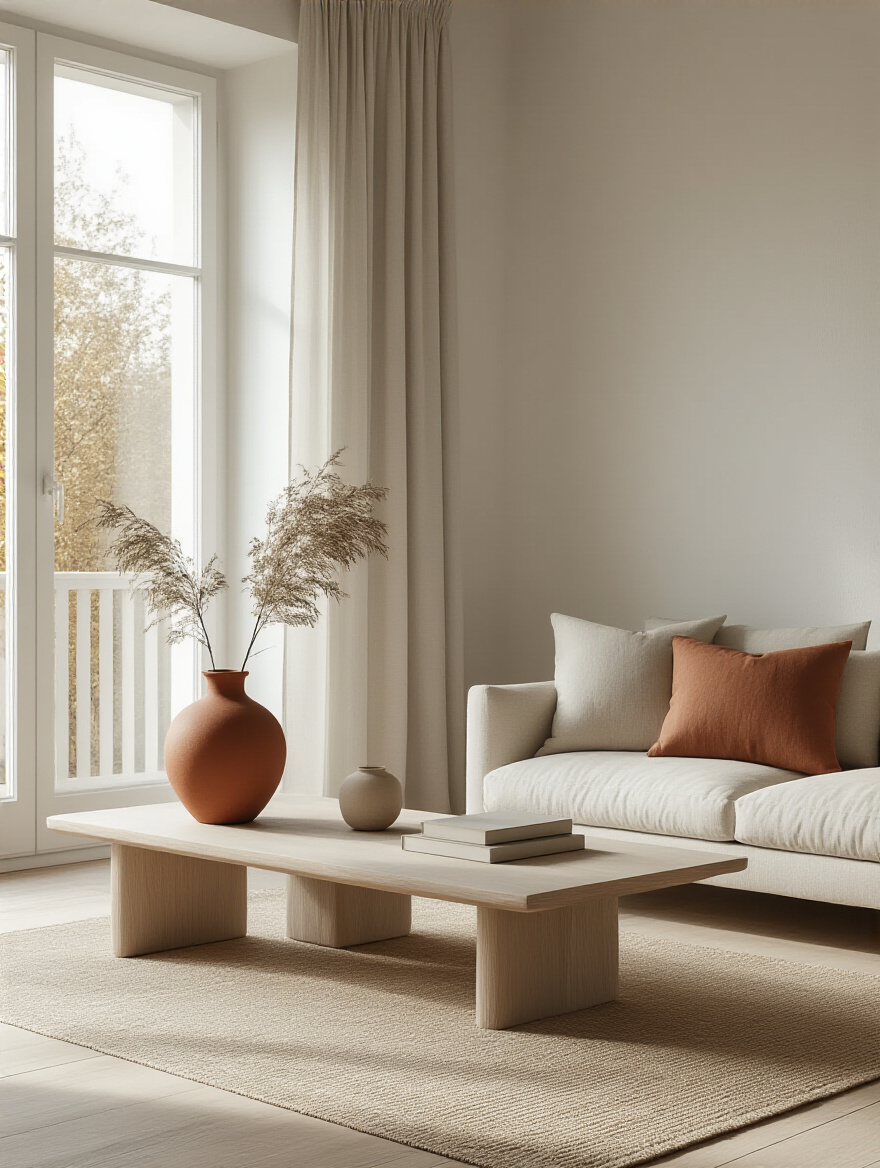 Minimalist living room featuring calming accent colors like sage green and terracotta.